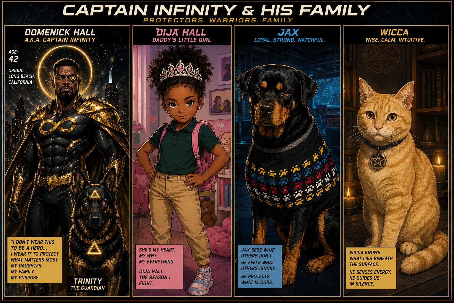 Captain Infinity and his family: Domenick Hall, Dija Hall, Jax, and Wicca.